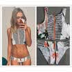 Print Palm Tree Women Bikini High Neck Tank Zipper Design Top Striped Swimsuit W