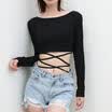 Women Off Shoulder Backless Crop Tops Long Sleeve Ruffled Slim Shirt Tank Cami