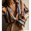 Women V Neck Long Sleeve Stripes Career Shirt Loose Plus Blouse Top Size S-2XL