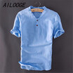 Plus Size M-5XL Mens Pullover Linen Shirts Short Sleeve Summer Mens Quality Casual Shirts Slim fit Solid Cotton Shirts