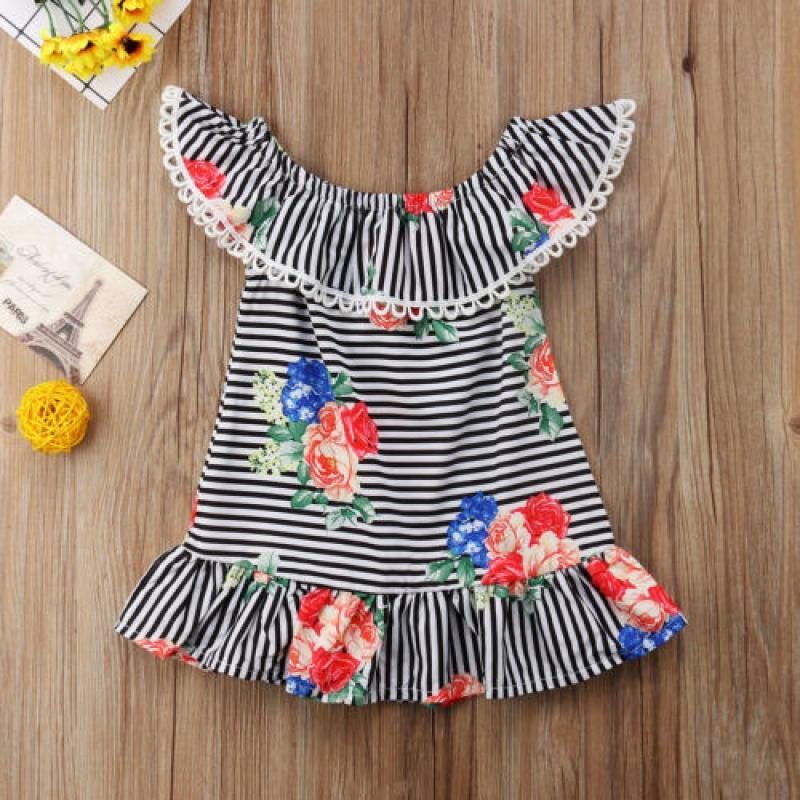 Cute Toddler Kids Girls Flower Stripe Casual Summer Party Dress Sundress Clothes