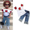 CANIS Fashion Summer Off Shoulder Tops Baby Kids Girls Tassel Denim Pants Outfit