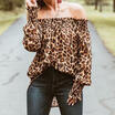 Women Off Shoulder Leopard Long Sleeve T-Shirt Pullover Crop Short Tops Leopard