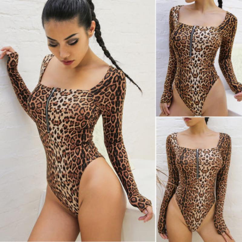 Women Ladies LEOPARD Print Bodysuit Leopard Long Sleeve Stretch Leotard Top