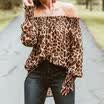 Women Off Shoulder Leopard Long Sleeve T-Shirt Pullover Crop Short Tops Leopard