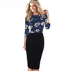 New Style Autumn Print Patchwork Women 34 Sleeve Vintage Pinup Casual Work Office Party Bodycon Sheath Dress