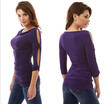 Women Simple Open Shoulder Stepped Hem T-shirt Slim Long Sleeve Blouse Sweater