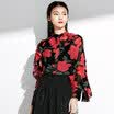 MAZOE Printed Shirt Chiffon Wood Ear Big Flower Short Bat Sleeve Top Shirt M008 Pink Rose