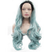 Anogol 2 Tones Blue Green Ombre Black Roots Peruca Laco Sintetico Long Body Wave Hair Wig Synthetic Lace Front Wigs