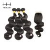 HHHair Brazilian Body wave Hair 3 Bundles With 1pc Closure Unprocessed Virgin Human Hair Weft with 1pc 4x4 Inch Free Part Closure