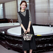 A pond morning 2017 fashion temperament frilly striped round neck seven sleeves back with wide leg pants fashion suit female S71R0549 black S