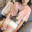 Long Yue Women Korean loose cartoon print short sleeve T-shirt fashion wild letter half sleeve primer shirt LWTD172205 pink L