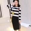 A pond morning 2017 autumn fashion suit women loose wild round neck long sleeve short jacket temperament package hip short section skirt S71R0367A177S black stripes S
