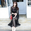 Longyue Women Korean Slim Sling Mesh Hollow Dress Lace Waist Waist Two-piece LWQZ172104 Black L