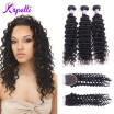 Kapelli hair 7A Brazilian Deep Wave Virgin Hair With Closure Deep Curly Weave Human Hair Lace Closure With Bundles