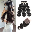 HCDIVA Peruvian Virgin Hair 3 Bundles Body Wave with Closure Bouncy Human Hair Extensions 1B Color Bundles with Lace 4x4 Closure