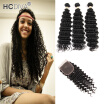 HCDIVA Peruvian Virgin Hair Deep Wave With Closure Free Part 3 Bundles Human Hair Weave With Closure Natural Black Colour