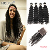 HCDIVA Deep Wave Human Hair 4 Bundles with Lace Closure Peruvian Virgin Hair Lace Closure with Hair Weft FreeMiddleThree Part