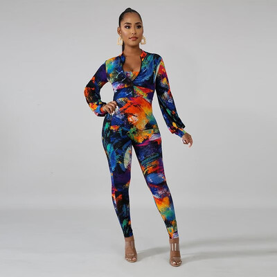 Fashion Women Autumn Two-Piece Set Colorful Print Coat Jumpsuit Stand Collar Long Sleeve Zipper Chest Wrapped Outerwear Bodysuit
Fashion Women Autumn Two-Piece Set Colorful Print Coat Jumpsuit Stand Collar Long Sleeve Zipper Chest Wrapped Outerwear Bodysuit