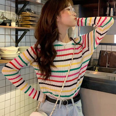 2019 Korean Style Women T-shirt Rainbow Striped Autumn Thin Knitted Tee Harajuku Long Sleeve Kawaii Ladies Tee Tops Femme
2019 Korean Style Women T-shirt Rainbow Striped Autumn Thin Knitted Tee Harajuku Long Sleeve Kawaii Ladies Tee Tops Femme