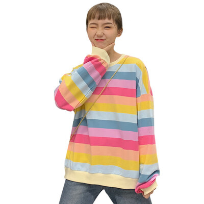 Women O-neck Long-sleeved Shirt Fashion Rainbow Stripes Loose T-shirt Female Casual Tops
Women O-neck Long-sleeved Shirt Fashion Rainbow Stripes Loose T-shirt Female Casual Tops