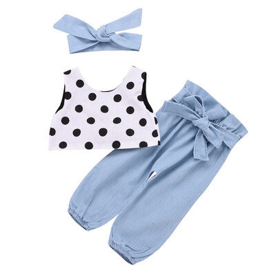baby girl outfit white vest black dot top light blue trousersblue bow-knot headband 3 PCS girl clothes for 1-6T
baby girl outfit white vest black dot top light blue trousersblue bow-knot headband 3 PCS girl clothes for 1-6T