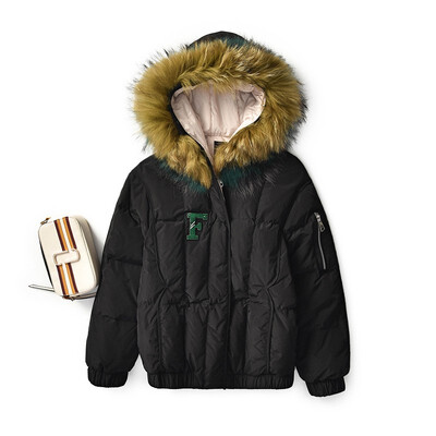Hooded large fur collar down jacket female loose fashion white duck down short down coat 90244
Hooded large fur collar down jacket female loose fashion white duck down short down coat 90244