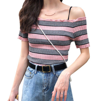 Womens Pullover Casual Slash Neck Ruffles Striped Short Sleeve Slim Knitted Crop T-Shirt
Womens Pullover Casual Slash Neck Ruffles Striped Short Sleeve Slim Knitted Crop T-Shirt