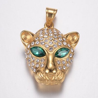 316 Stainless Steel Pendants Leopard Head with Rhinestones Golden 43x35x17mm Hole 7x10mm
316 Stainless Steel Pendants Leopard Head with Rhinestones Golden 43x35x17mm Hole 7x10mm
