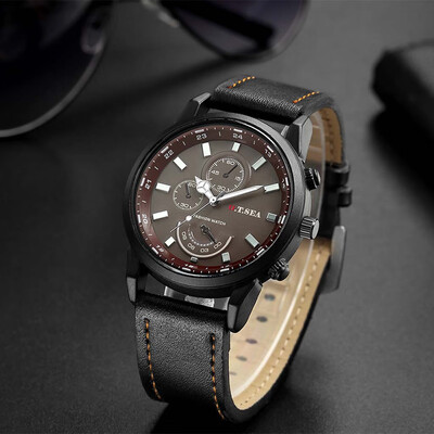 Gobestart Fashion Casual Business Mens Alloy Three Eye Dial Leather Belt Quartz Watch