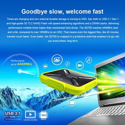 ADATA SD700 External Solid State Drive Portable SSD 1TB IP68 Waterproof USB31 Fast Speed 3D NAND FlashYellow
ADATA SD700 External Solid State Drive Portable SSD 1TB IP68 Waterproof USB31 Fast Speed 3D NAND FlashYellow