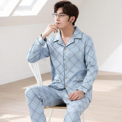 Mens Pajamas Autumn Cotton Short Sleeve Top Long Pants Turn Down Pajamas Sleepwear Set
Mens Pajamas Autumn Cotton Short Sleeve Top Long Pants Turn Down Pajamas Sleepwear Set