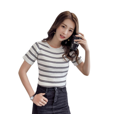 Skinny Knitted T shirt Women Crop Top Ladies Summer Tee Shirt Contrast Striped Top Round Neck Short Sleeve Crop T-shirt 4 Color
Skinny Knitted T shirt Women Crop Top Ladies Summer Tee Shirt Contrast Striped Top Round Neck Short Sleeve Crop T-shirt 4 Color
