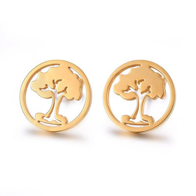 304 Stainless Steel Stud Earrings Flat Round with Tree of Life Golden 15x12mm Pin 08mm
304 Stainless Steel Stud Earrings Flat Round with Tree of Life Golden 15x12mm Pin 08mm