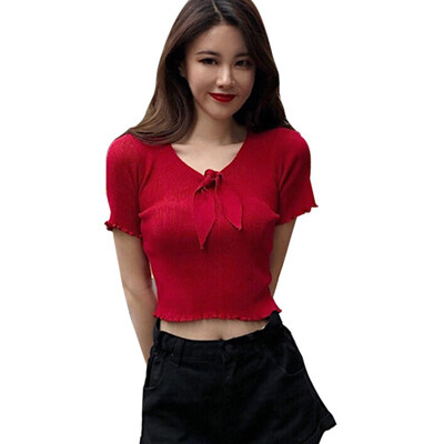Summer Female Harajuku T-shirt Sexy V Neck Solid Short Sleeve tshirt Knitted t shirt Women with Bow
Summer Female Harajuku T-shirt Sexy V Neck Solid Short Sleeve tshirt Knitted t shirt Women with Bow