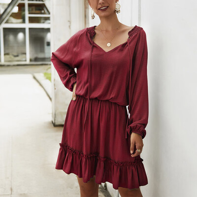 Women Autumn Solid Color Wild V Collar Sexy Temperament Long Sleeve Ruffle Slim Shirts Casual Dress
Women Autumn Solid Color Wild V Collar Sexy Temperament Long Sleeve Ruffle Slim Shirts Casual Dress