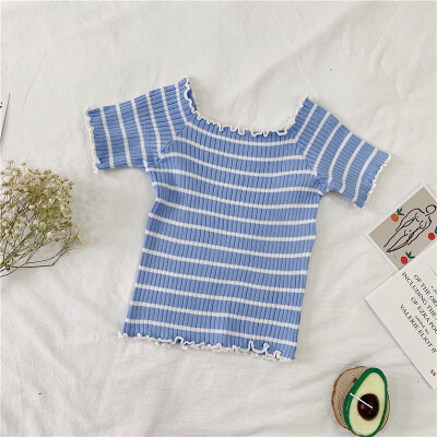 Womens Slash Neck Striped Tshirts Girl Knitted Short Sleeve Ruffles Summer T-shirt Top for Woman
Womens Slash Neck Striped Tshirts Girl Knitted Short Sleeve Ruffles Summer T-shirt Top for Woman