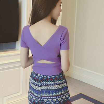 Summer Backless Bandage Cross Slim V-neck Solid Short Knitted T-shirts For Women Short Sleeves Hollow Out Sexy Summer Top Female
Summer Backless Bandage Cross Slim V-neck Solid Short Knitted T-shirts For Women Short Sleeves Hollow Out Sexy Summer Top Female