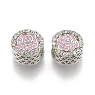 Alloy Enamel European Beads with Rhinestone Hollow Large Hole Beads Flat Round with Flower Pink Platinum 12x8mm Hole 5mm