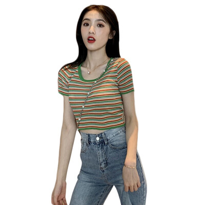 Women Striped Short Knit Tee Shirt Sexy U-neck Short-sleeved T-shirt Female Short Shirt
Women Striped Short Knit Tee Shirt Sexy U-neck Short-sleeved T-shirt Female Short Shirt
