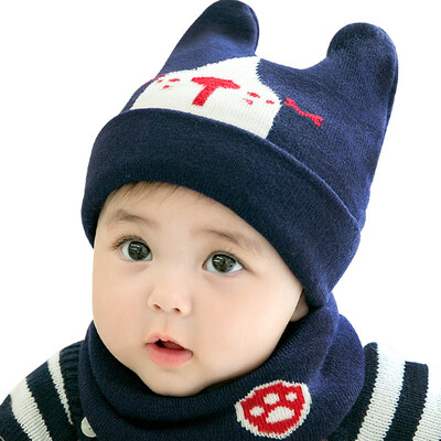 Baby Winter Warmer Hat Scarf Set Cartoon Ear Pattern Hat Infant Collar Scarves Neckerchiefs Headwear Set