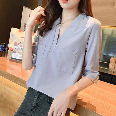 Womens Loose Pockets V-Neck Half Sleeve Office Lady Chiffon Pullover Sun Protection Blouse
Womens Loose Pockets V-Neck Half Sleeve Office Lady Chiffon Pullover Sun Protection Blouse