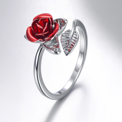 

Red Rose Garden Flower Leaves Resizable Finger Rings for Women Valentines Day Gift Jewelry Hot Sale 2019 Open Ring