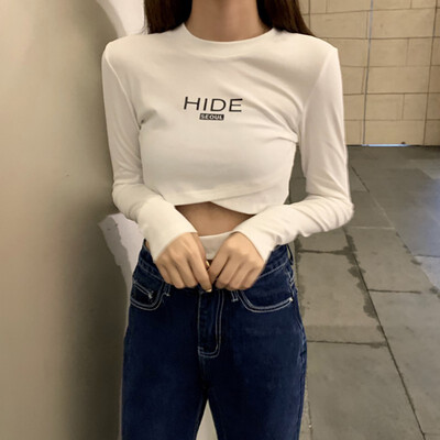Spring Autumn Women T-Shirt Round Collar Exposed Navel Letter Print Long Sleeved Casual Shirt Wild Tops Black White Gray
Spring Autumn Women T-Shirt Round Collar Exposed Navel Letter Print Long Sleeved Casual Shirt Wild Tops Black White Gray