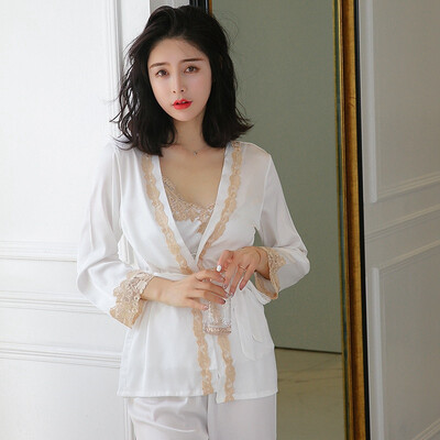 Solid Satin Chiffon Women Pajamas Sets 3 pieces Ladies Nightdress Chemises Sleeveless Pajama Lace Neck Sleepwear with Sexy Short
Solid Satin Chiffon Women Pajamas Sets 3 pieces Ladies Nightdress Chemises Sleeveless Pajama Lace Neck Sleepwear with Sexy Short