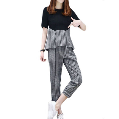 Women Casual Suit Short Sleeve T-Shirt Summer Wear Ankle-Length Pants Two-Piece Vertical Stripe Clothing Set
Women Casual Suit Short Sleeve T-Shirt Summer Wear Ankle-Length Pants Two-Piece Vertical Stripe Clothing Set
