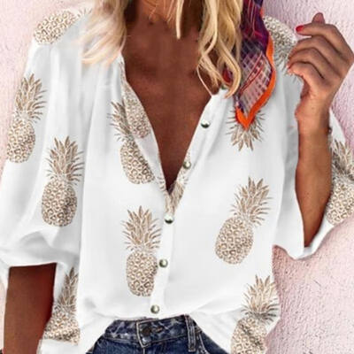 Blouse Women Autumn Loose Pineapple Print Half Sleeves V-neck Button Ladies Shirt Elegant Casual Fashion Shirt
Blouse Women Autumn Loose Pineapple Print Half Sleeves V-neck Button Ladies Shirt Elegant Casual Fashion Shirt