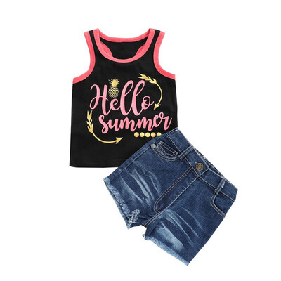 2pcs lot Toddler Baby Girls Clothing sets cotton Letter print Vest T-shirt Denim Shorts Summer Baby Girls Clothes
2pcs lot Toddler Baby Girls Clothing sets cotton Letter print Vest T-shirt Denim Shorts Summer Baby Girls Clothes