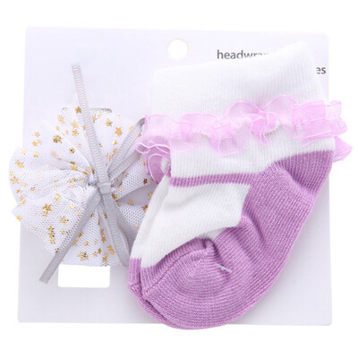 Newborn baby girl socks hair band 2PCS fashion crown flower cotton baby girl socks birthday cute baby girl socks set