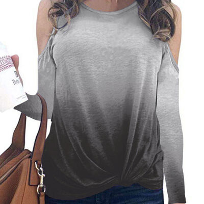 Women Autumn Fashion Casual All-match Loose Gradient Print Knit Decoration Long Sleeve Off-shoulder Slim T-shirt Top 
Women Autumn Fashion Casual All-match Loose Gradient Print Knit Decoration Long Sleeve Off-shoulder Slim T-shirt Top